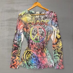 Y2K Vocal Peace Sign Top Rainbow Rhinestone Burnout Hippie 70s Long Sleeve XL